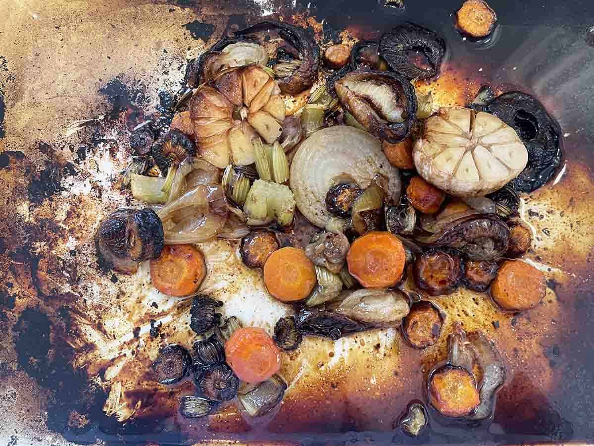 roasted vegetables in the pan.