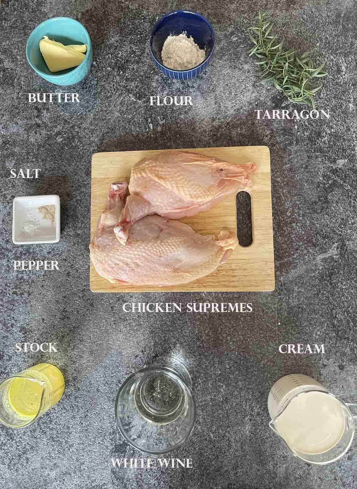 ingredients including chicken, cream, stock and wine.