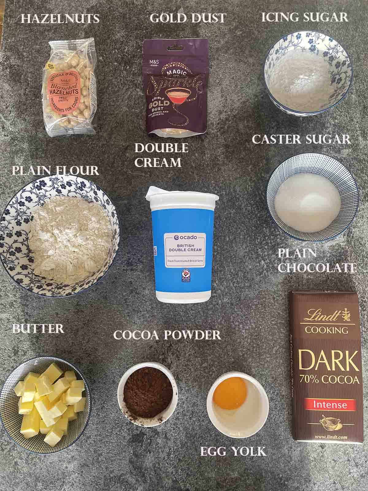 ingredients including chocolate, hazelnuts and cream.