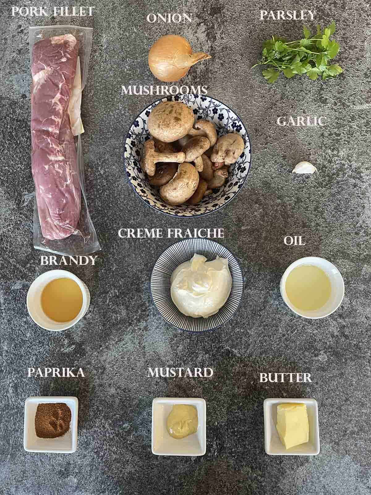 ingredients including pork fillet, onion and mushrooms.
