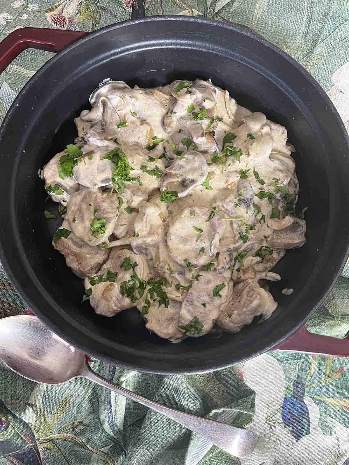 pork stroganoff in a dish.