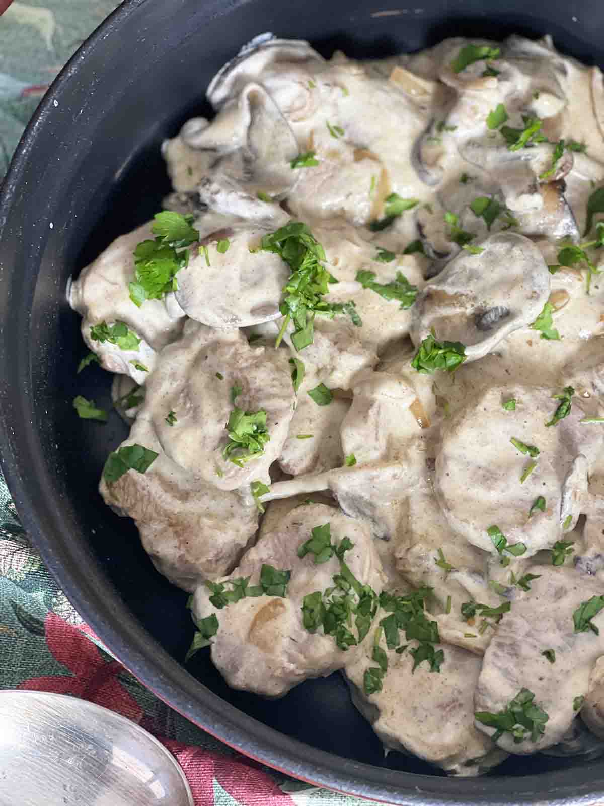 pork stoganoff in a dish.