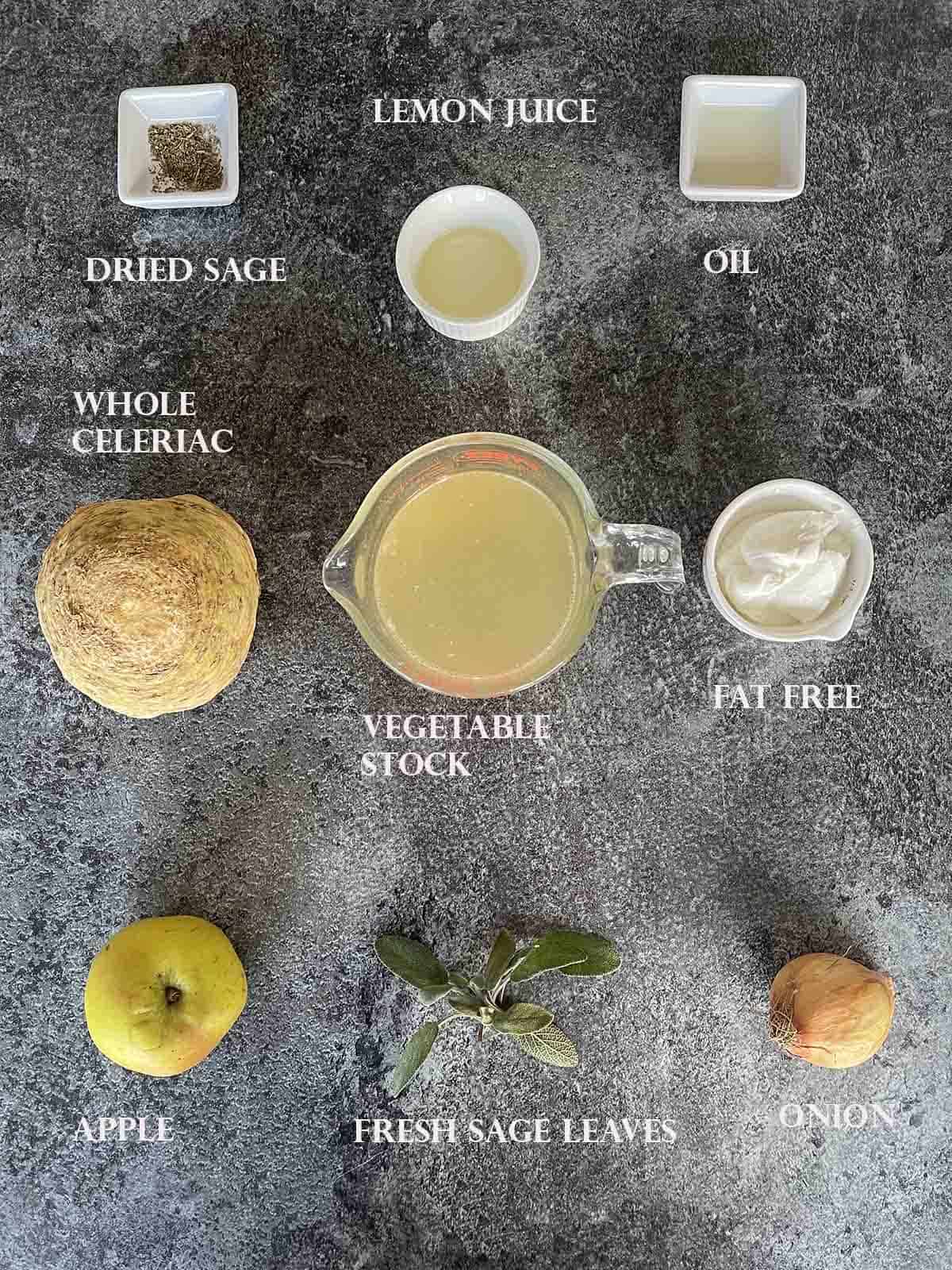 ingredients for the soup including stock, apple, celeriac and yogurt.
