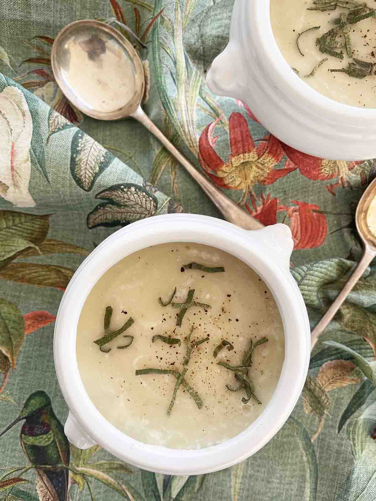 celeriac and apple soup in a bowl.