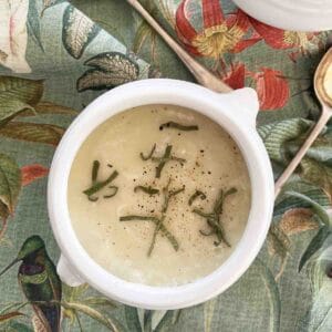 CELERIAC AND APPLE SOUP in a bowl.