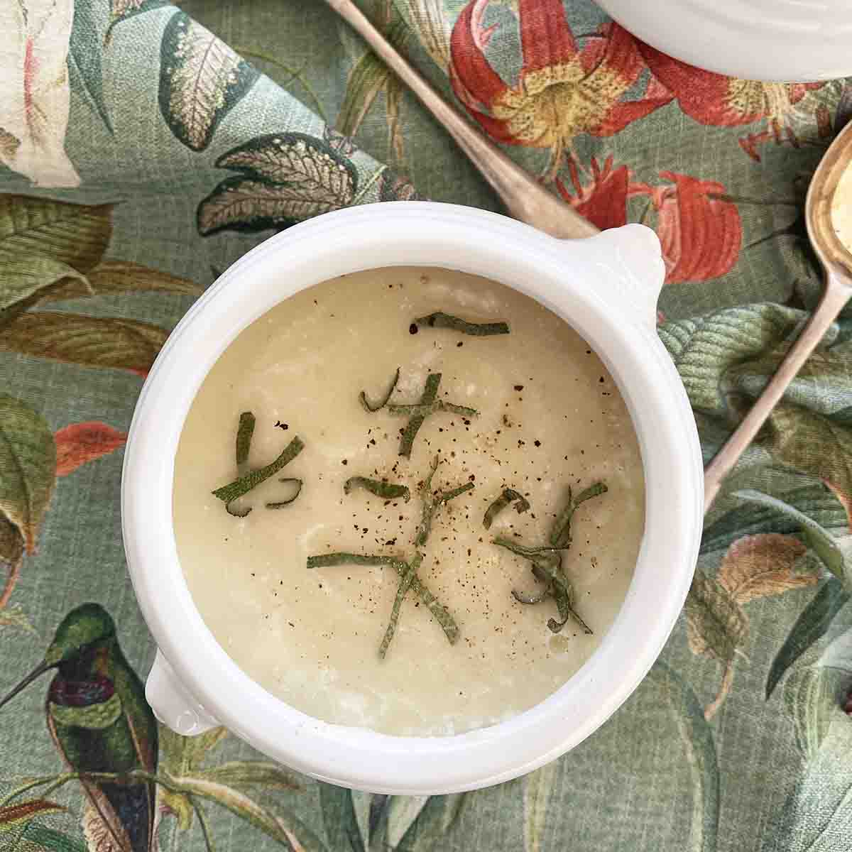 CELERIAC AND APPLE SOUP in a bowl.