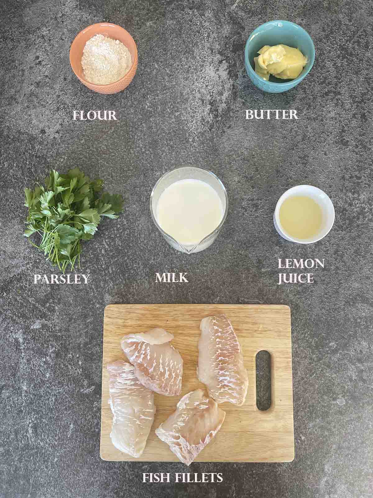 ingredients, including cod, parsley, milk and butter.
