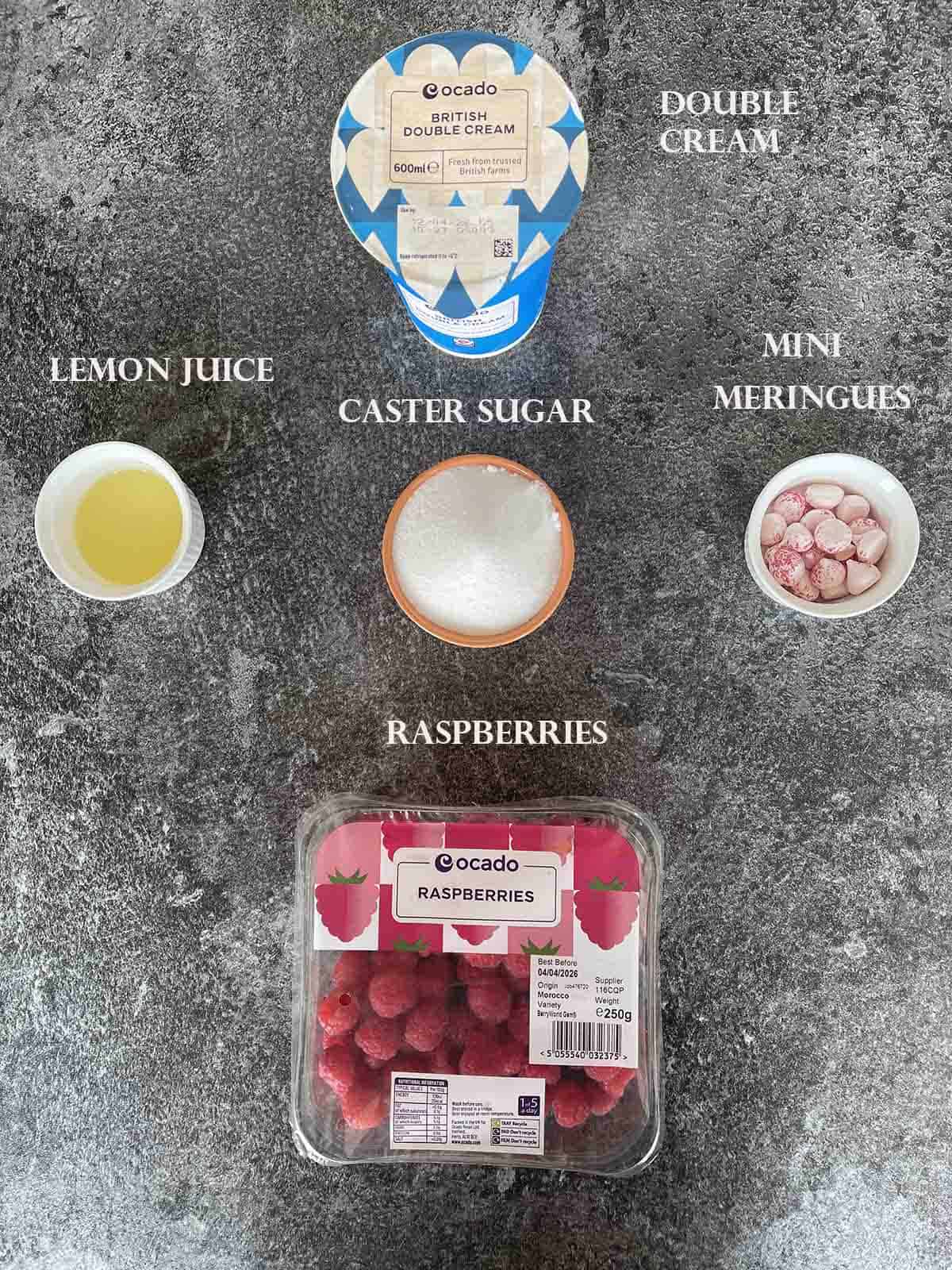 ingredients inclusing raspberries and cream.